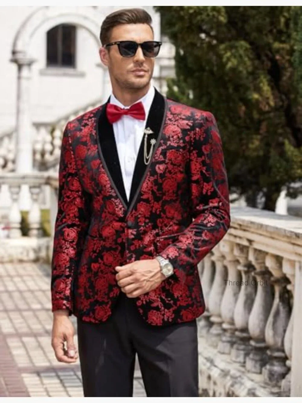 Velvet Tuxedo Floral Blazer Jacket One Button Shawl Lapel Prom - Picture 4 of 7